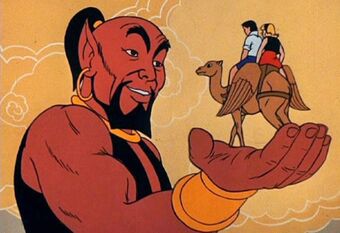 Cartoon Genie, Shazzan, holding camel with riders in his palm.