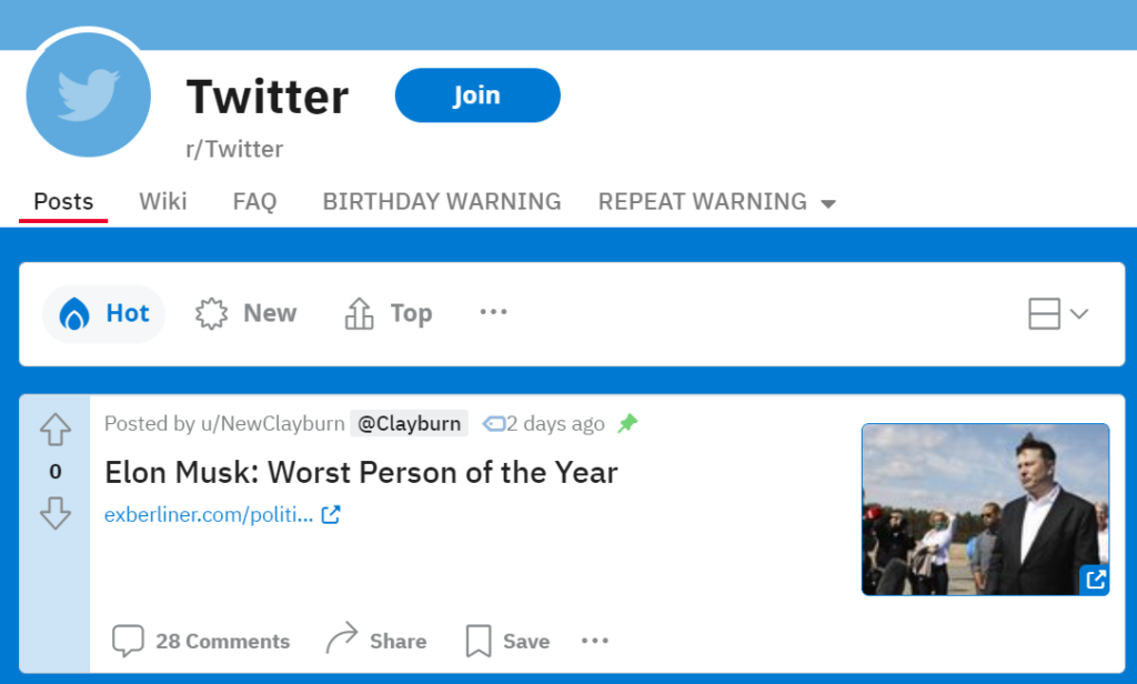 /r/Twitter pinned Elon Musk thread on Reddit