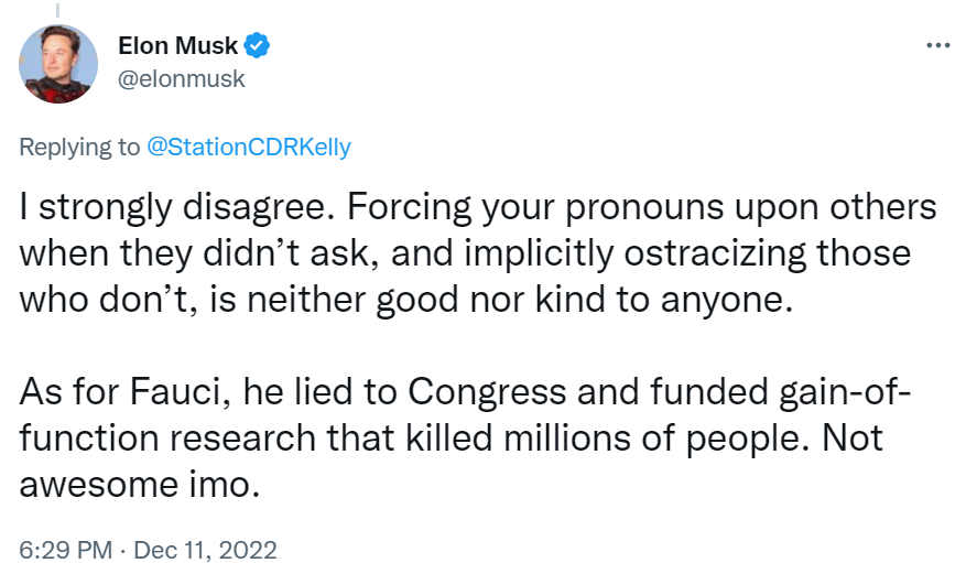 Elon Musk calling Fauci a liar and spreading COVID misinformation.
